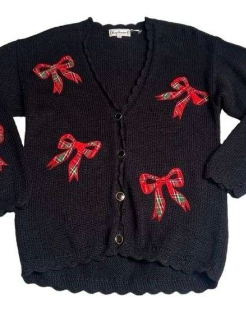 Bechamel Petites Christmas Cardigan Womens S Black Plaid Bow Holiday Sweater